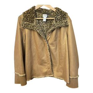 Chico's Leopard Animal Print Faux Fur Jacket Size 2 / Large Brown Metallic Coat